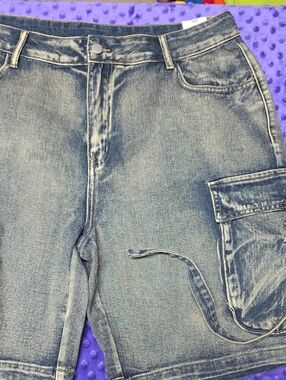 Women's Washed Blue Denim Cargo Jeans Shorts